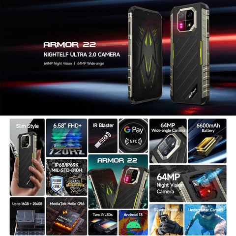 Ulefone Armor 22 Rugged Phone Night Vision Camera 8GB+256GB