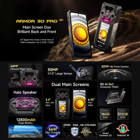 Ulefone Armor 30 Pro 5G Rugged Phone Dual SIM Night Vision Camera 16GB+512GB