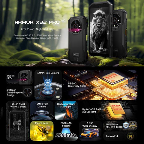 Ulefone Armor X32 Pro 5G Rugged Phone Dual SIM Night Vision Camera 8GB+256GB