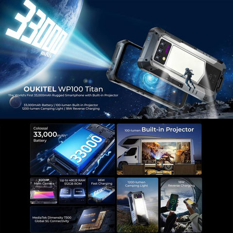Oukitel WP100 TITAN 5G Rugged Phone Dual SIM Projector 16GB+512GB