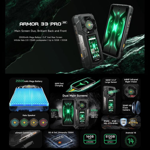 Ulefone Armor 33 Pro 5G Rugged Phone Dual SIM Night Vision Camera 16GB+512GB