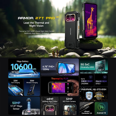 Ulefone Armor 27T Pro 5G Rugged Phone Dual SIM Thermal Imaging 12GB+256GB