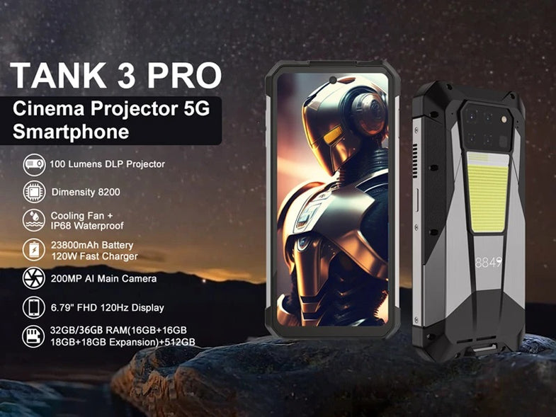 Unihertz Tank 3 Pro Lumens Projector Rugged Phone Night Version Camera Black